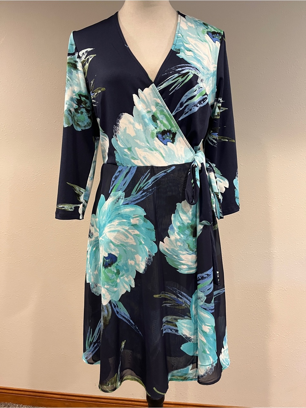 ECI Navy fake Wrap Dress with Aqua Floral Print